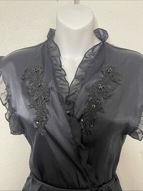 Linea Donatella- elegant black satin robe with ruffles & embellishments - s